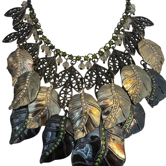 2/$25 Bicolor Leaf Statement Necklace With Multicolored Rhinestones - Picture 9 of 10